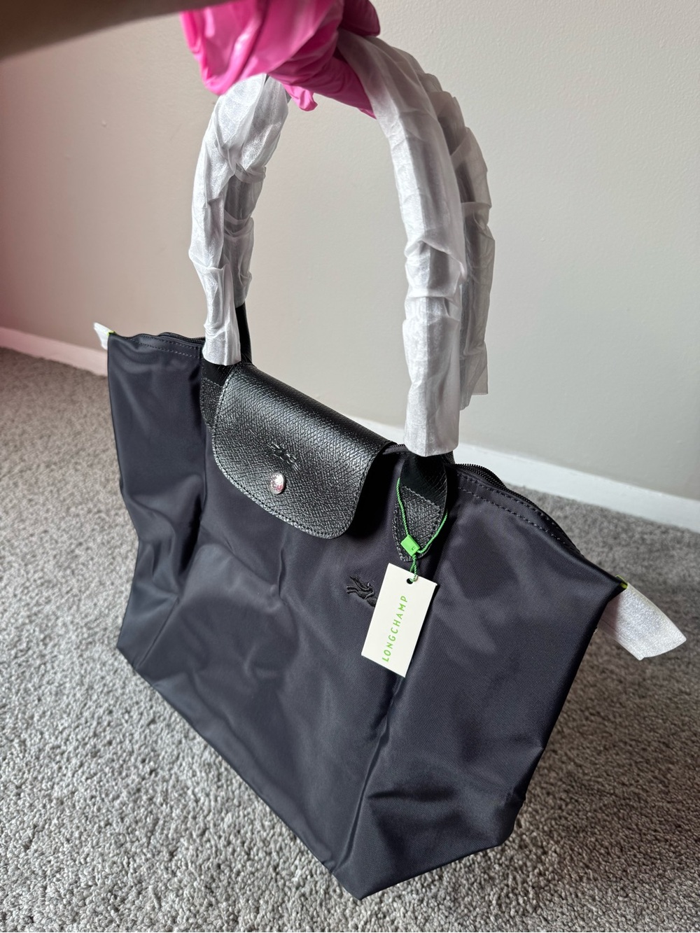 Longchamp Black Nylon Tote with Leather Trim